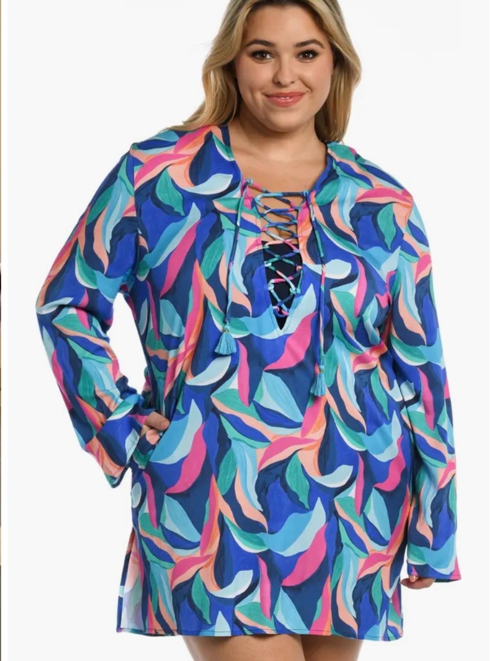 NWT La Blanca Painted Lace-Up Cover-Up Tunic